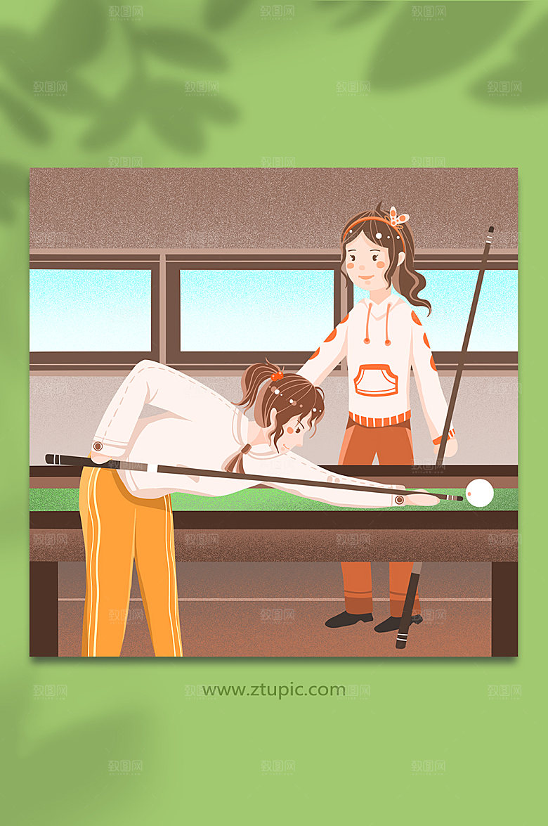 原创卡通女孩打桌球台球精美插画