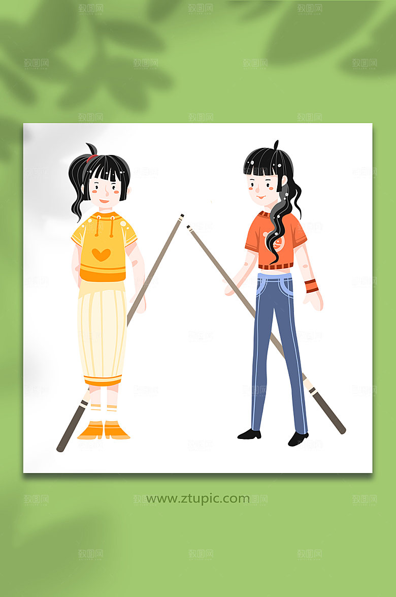打台球卡通桌球休闲女孩精美元素