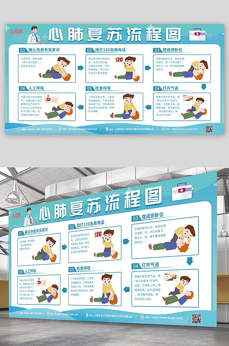 高端蓝色心肺复苏流程图展板设计