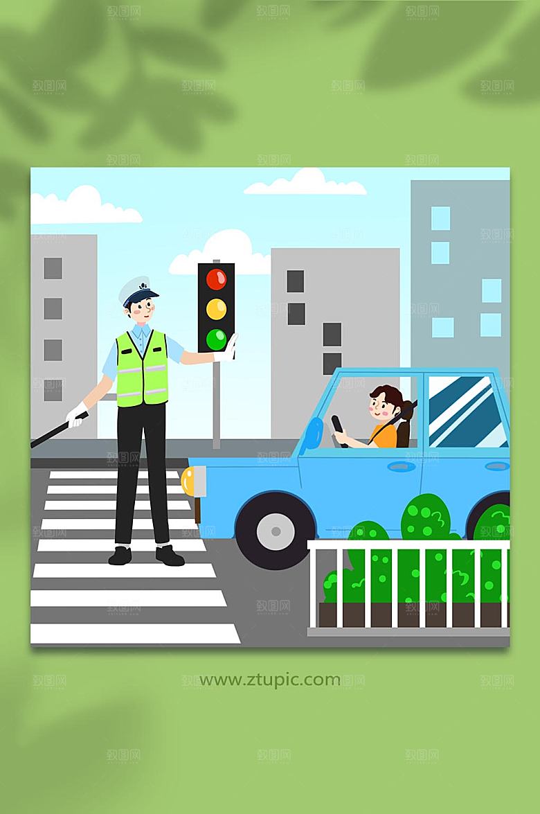 扁平可爱手绘交警人物交通插画