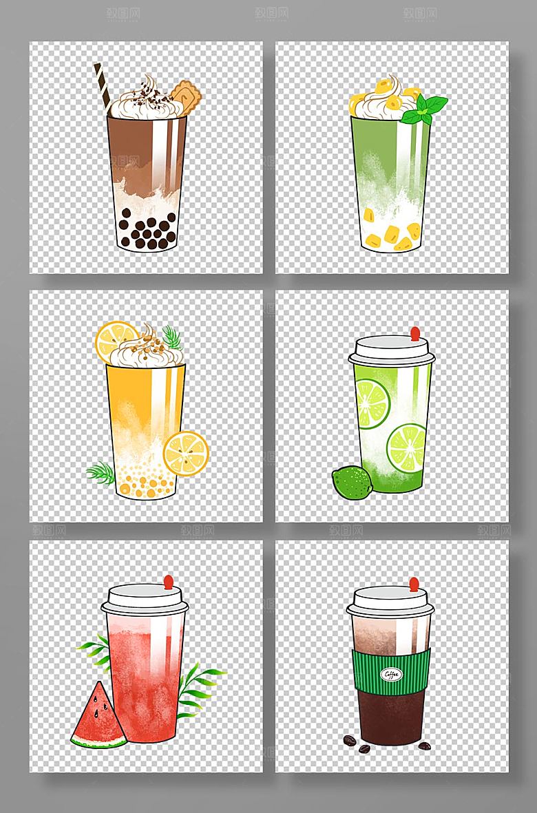 卡通奶茶果茶元素组合原创插画