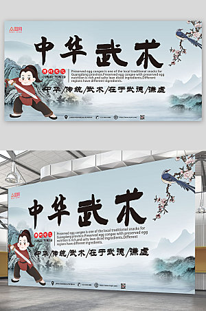 中式卡通插画中华武术展报海报