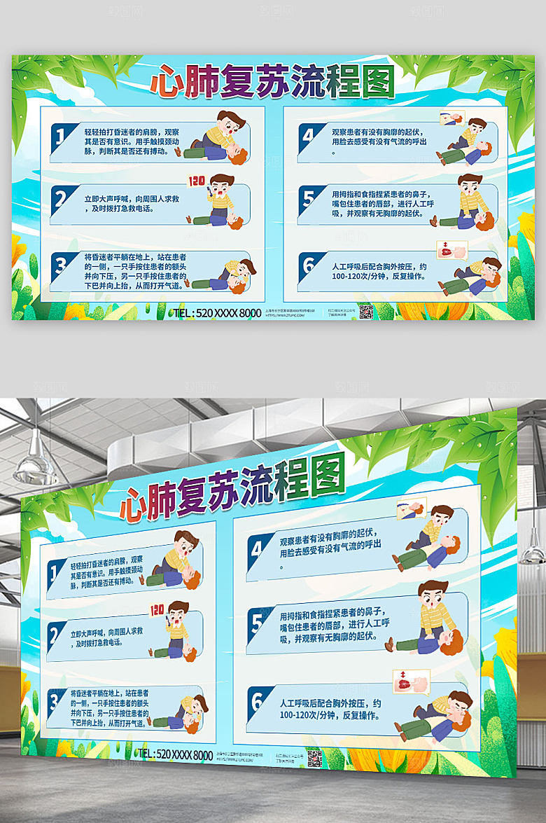 卡通医疗科普心肺复苏流程图展板