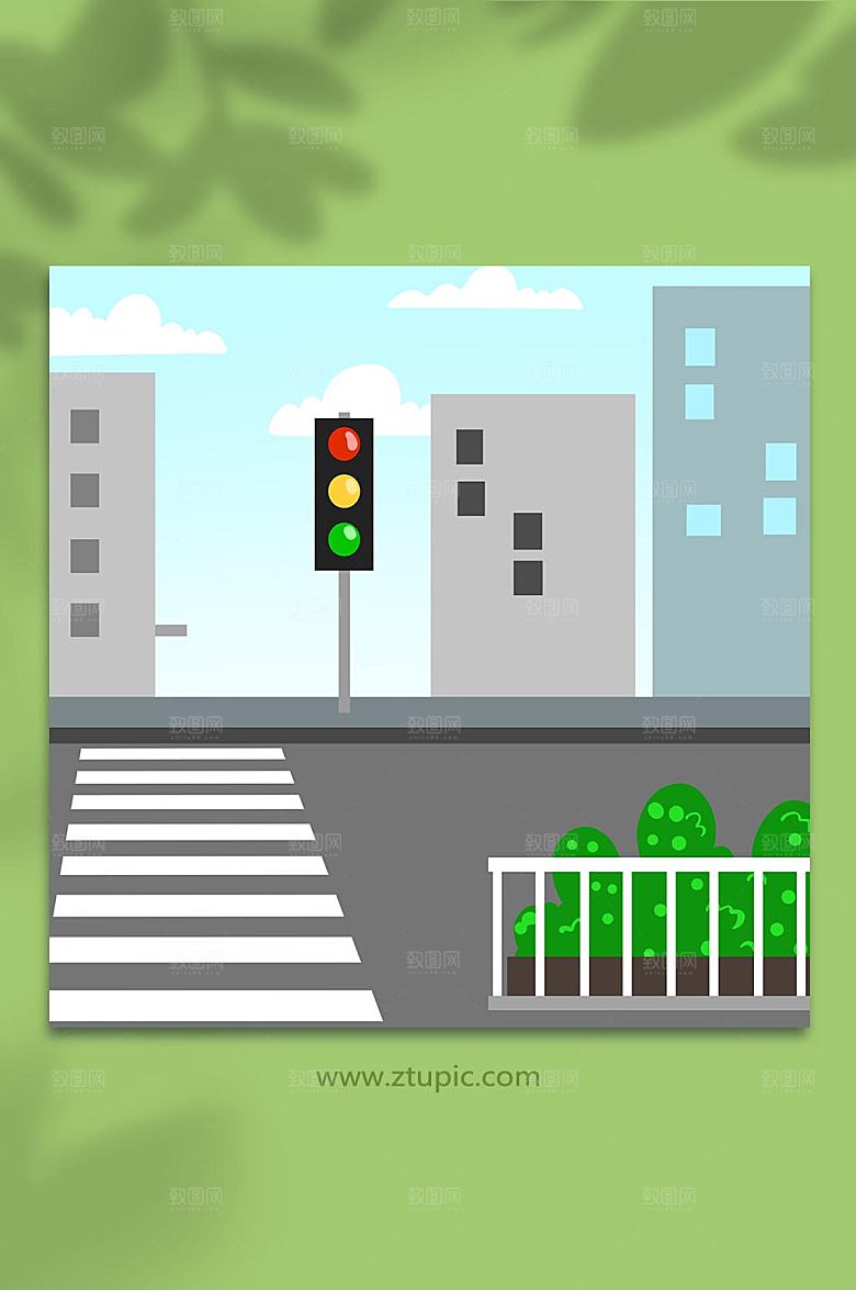 原创插画可爱城市马路红绿灯背景