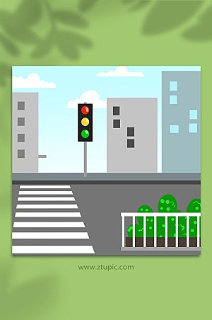 原创插画可爱城市马路红绿灯背景