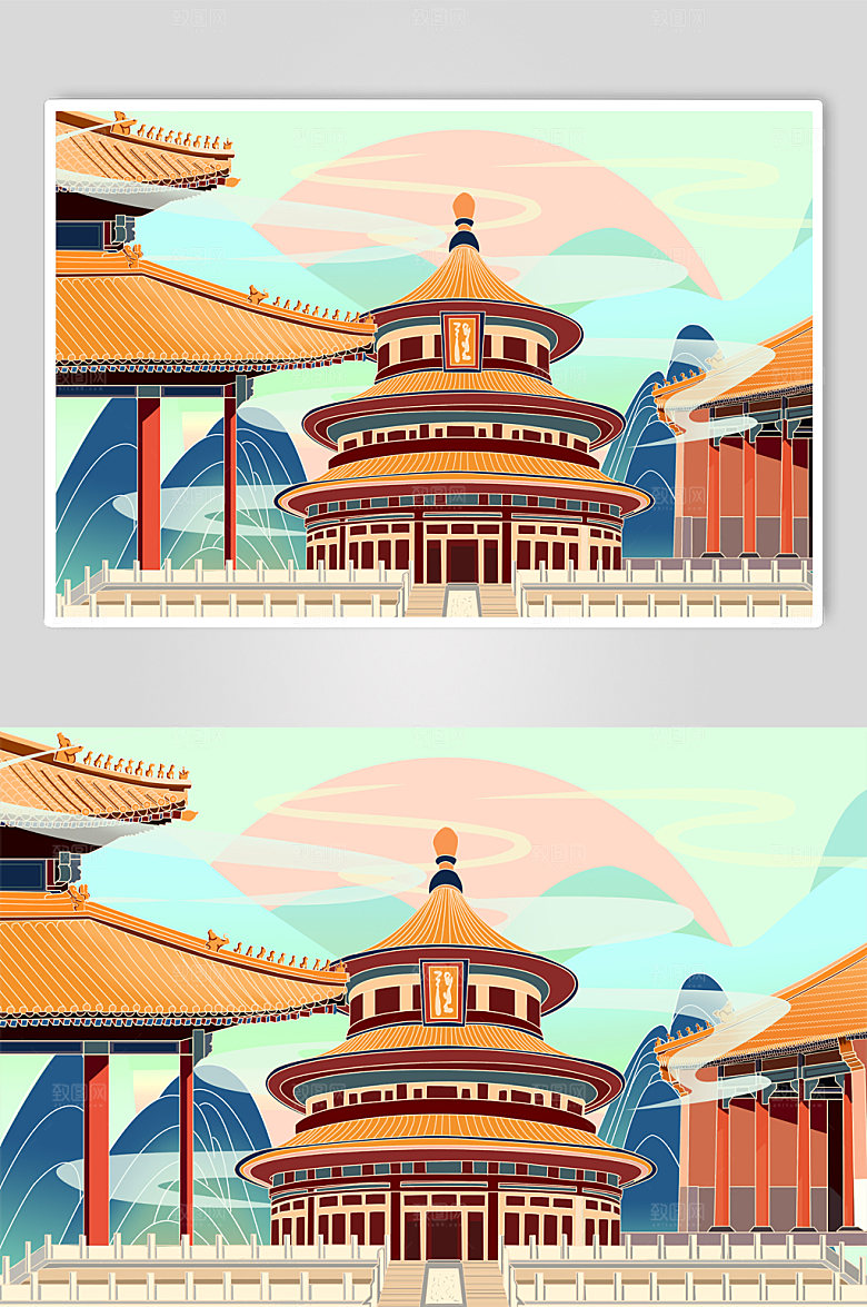原创手绘卡通国潮风天坛插画