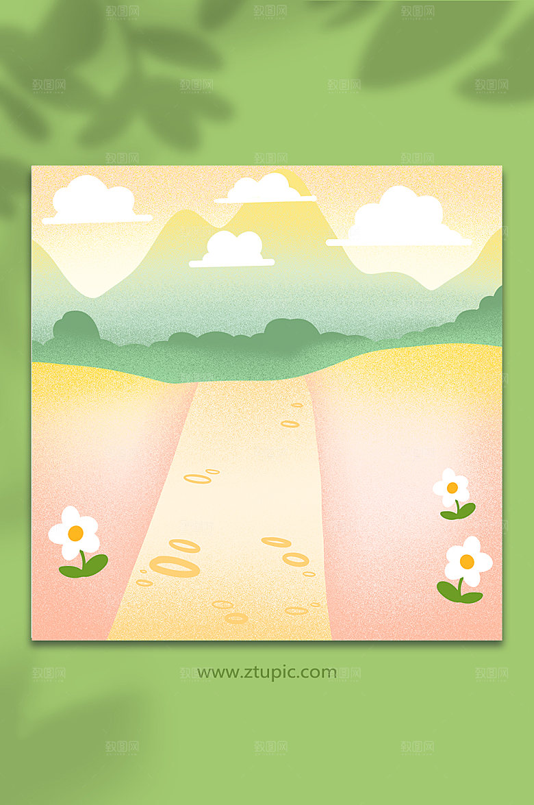 手绘卡通浪漫道路田园插画背景