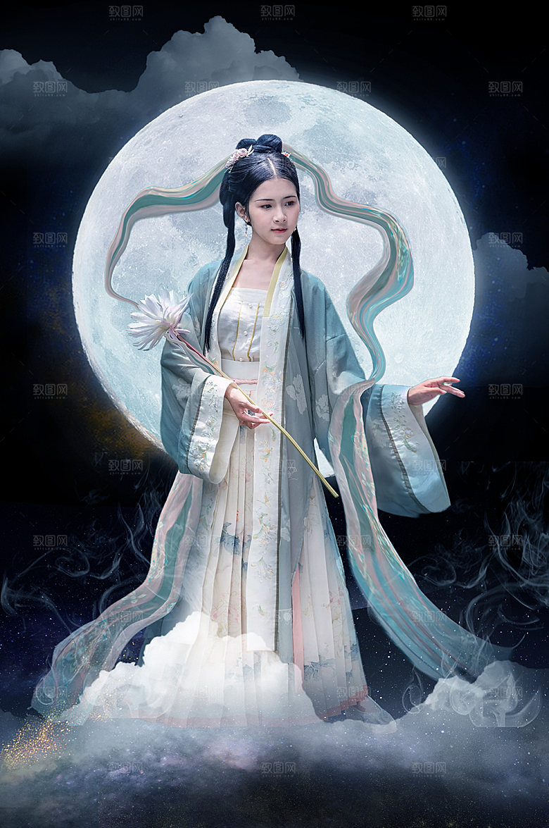 国风中秋节月汉服女性人物嫦娥摄影图