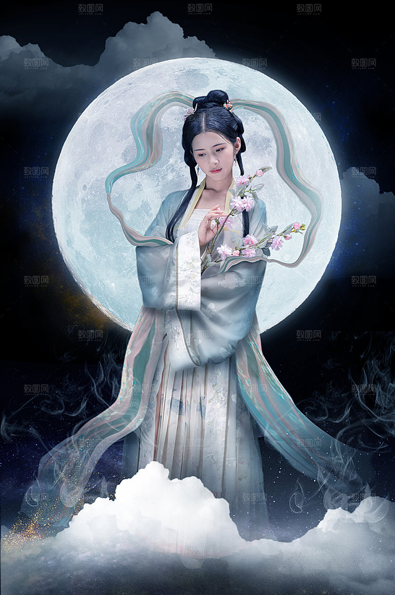 汉服女性国风人物嫦娥精修摄影图片
