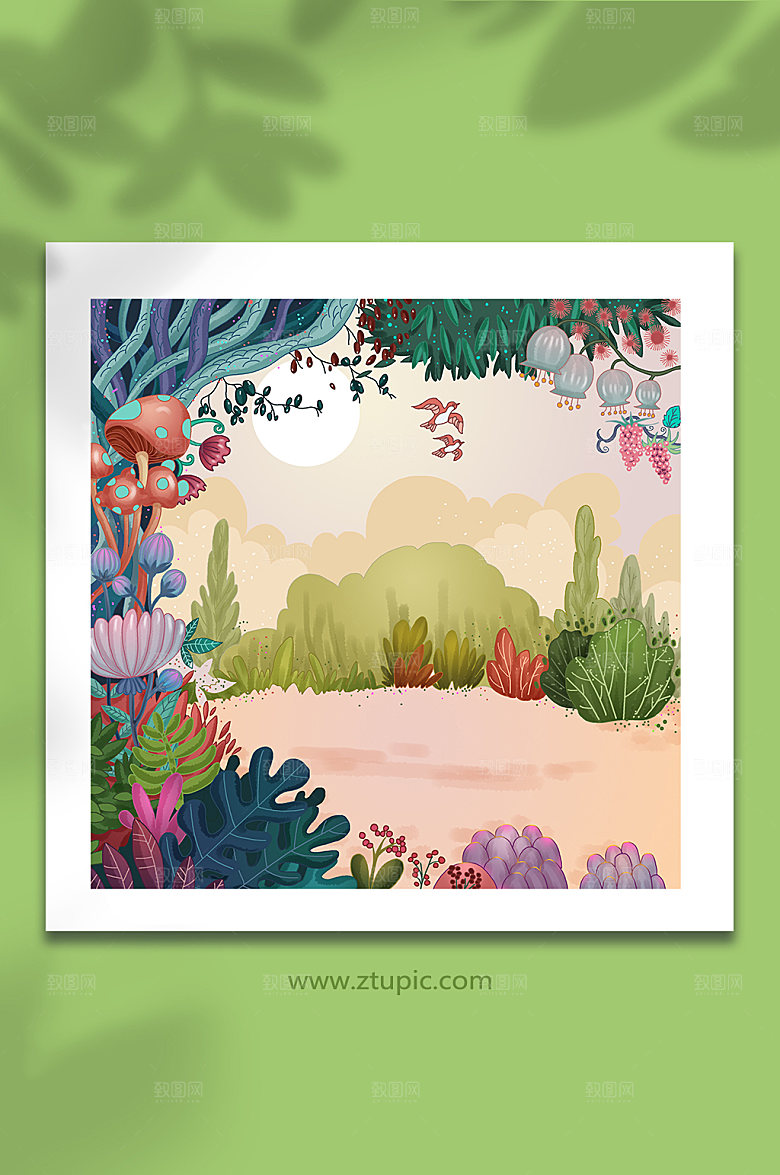 原创卡通童话植物梦幻插画背景
