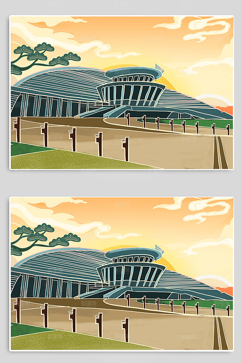 线描风杭州大剧院地标建筑插画