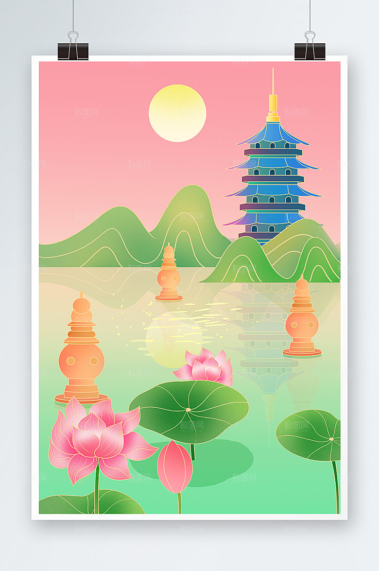 杭州城市地标建筑三潭印月插画