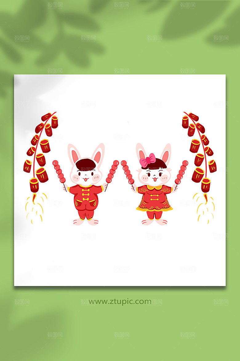 卡通兔年喜庆放鞭炮糖葫芦新年插画