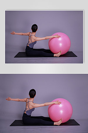 商用女生瑜伽动作示范瑜伽球摄影图片
