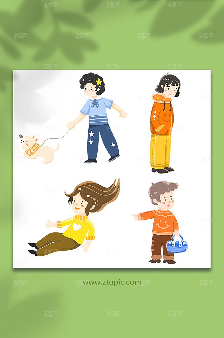 手绘可爱卡通男孩女孩遛狗插画元素
