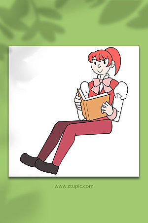手绘阅读看书的女孩免扣元素插画
