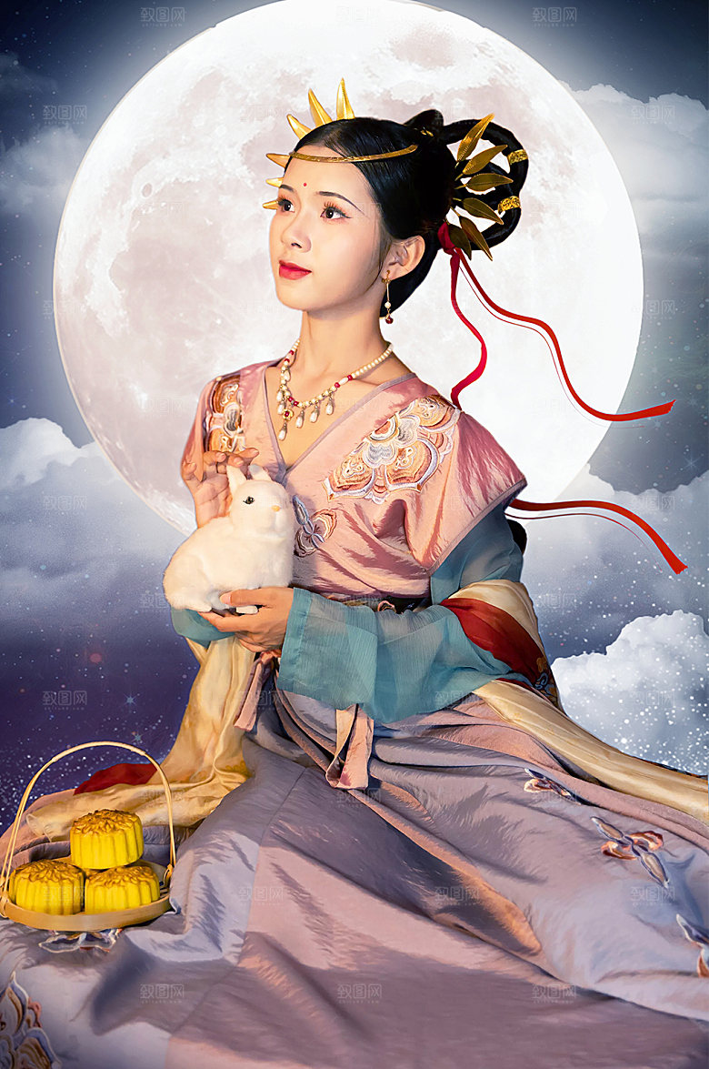 中秋节嫦娥月亮汉服人物精修摄影图片