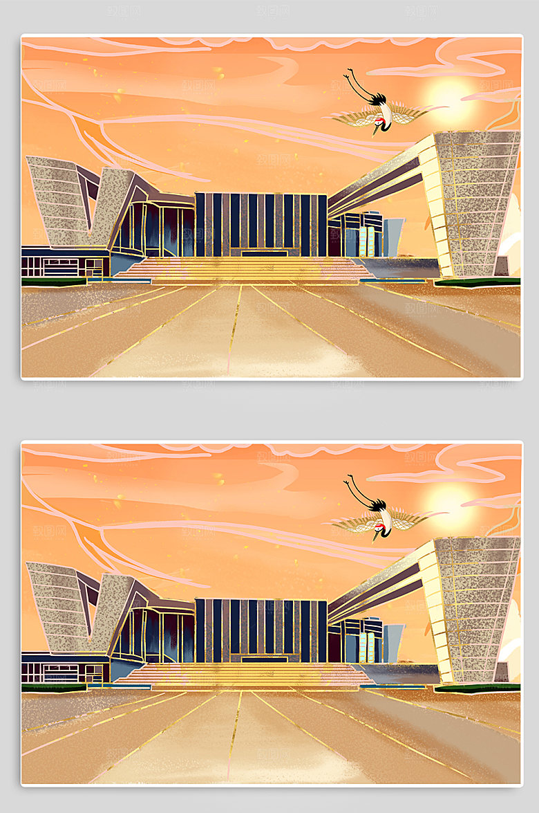 手绘武汉琴台大剧院城市地标建筑插画