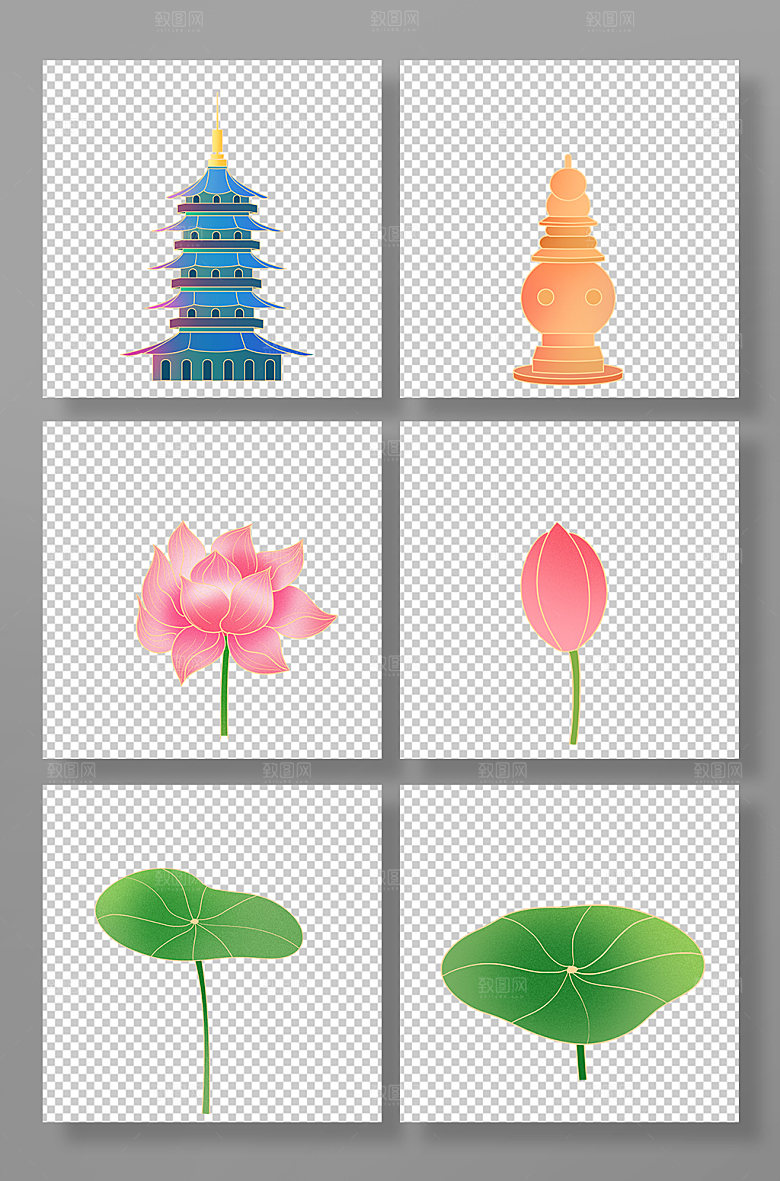 手绘卡通三潭印月杭州建筑插画元素