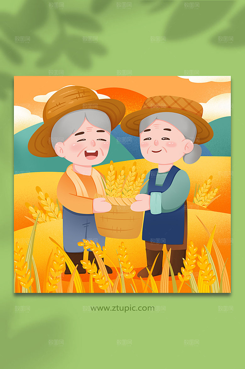 扁平卡通农民丰收秋分节气人物插画