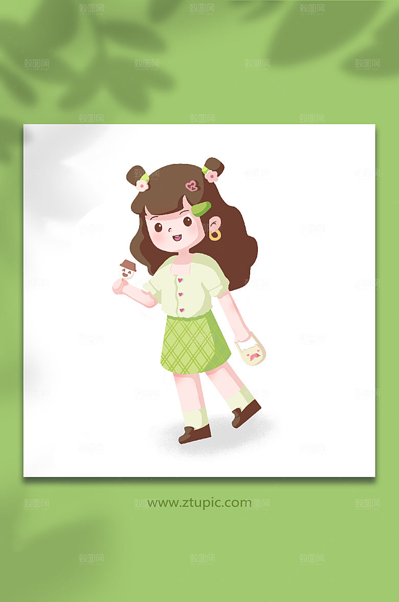 卡通手绘吃冰淇淋甜妹美食人物插画