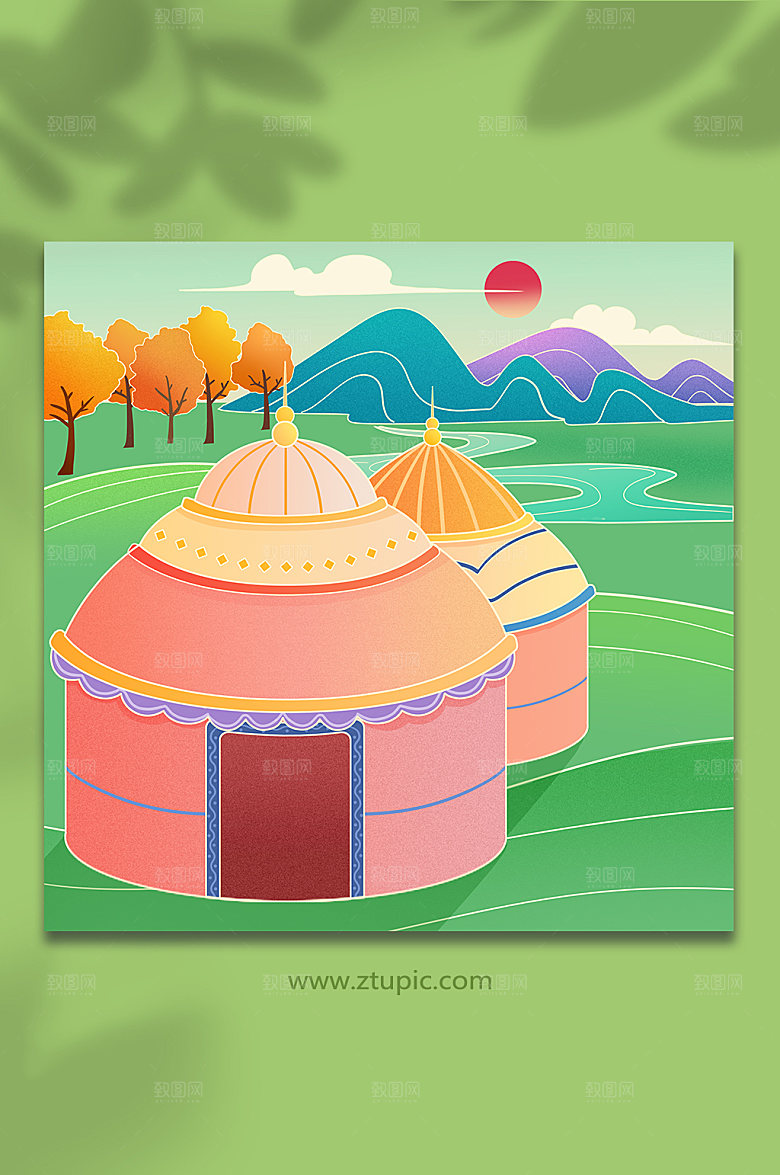 卡通手绘蒙古包内蒙古地标建筑插画