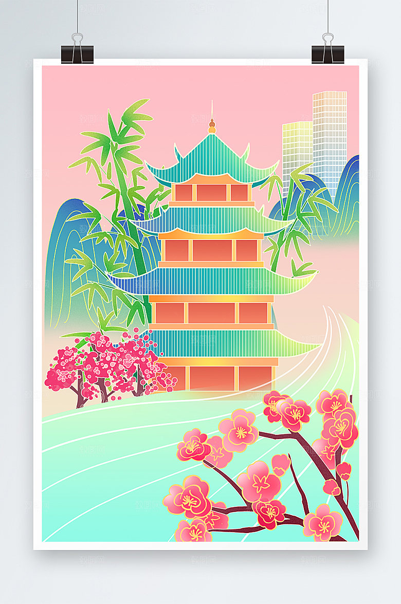 卡通手绘成都城市地标建筑插画