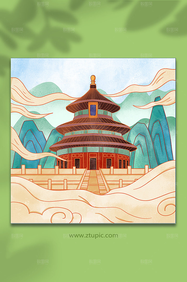 手绘天坛北京城市地标建筑插画
