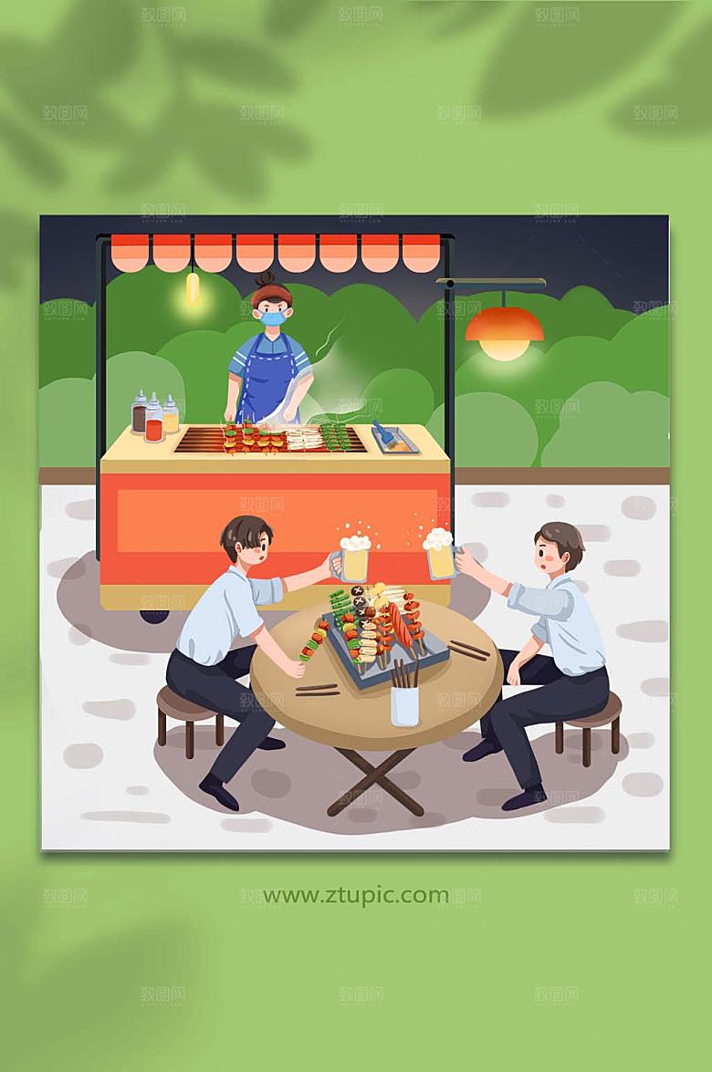 手绘夜市烧烤摆摊地摊人物商业插画