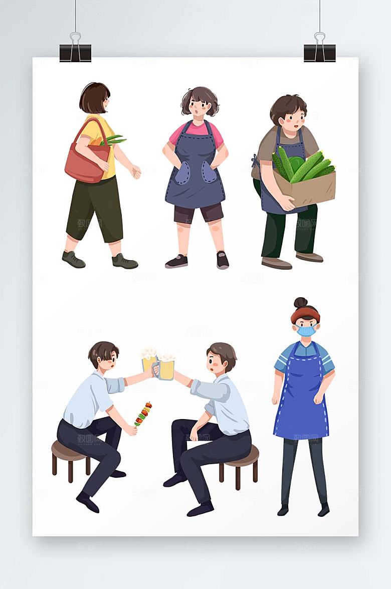原创烧烤摆摊人物商业插画元素