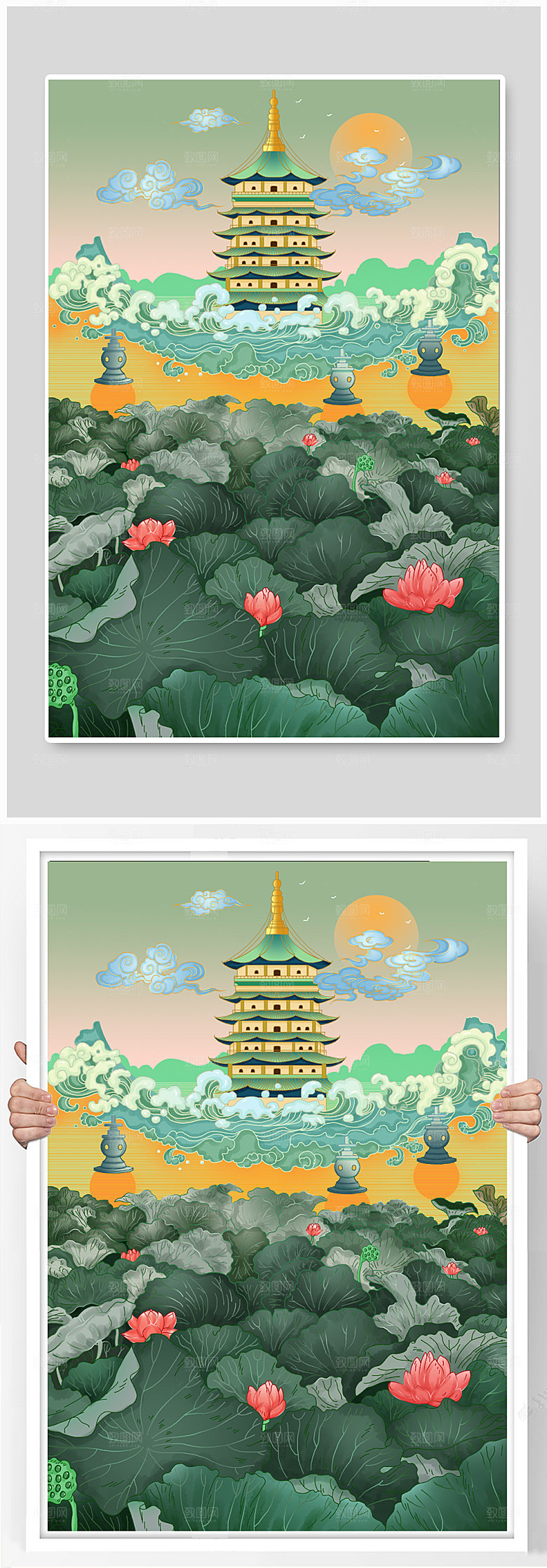 大气手绘杭州西湖城市建筑插画