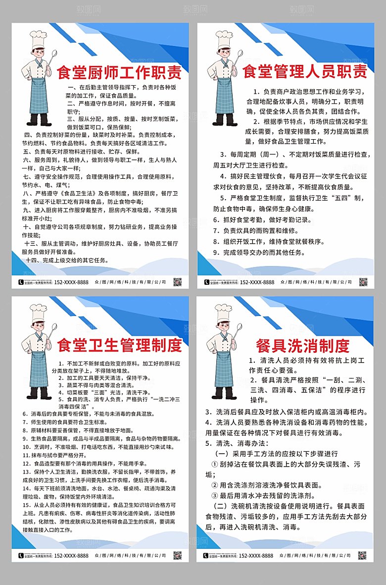 蓝色食堂卫生管理制度牌分幅海报