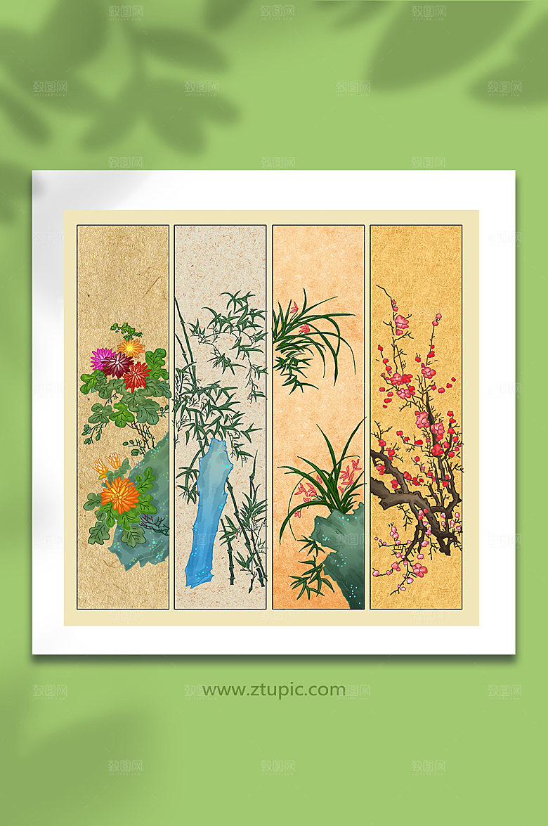 中式题材梅兰竹菊植物元素插画