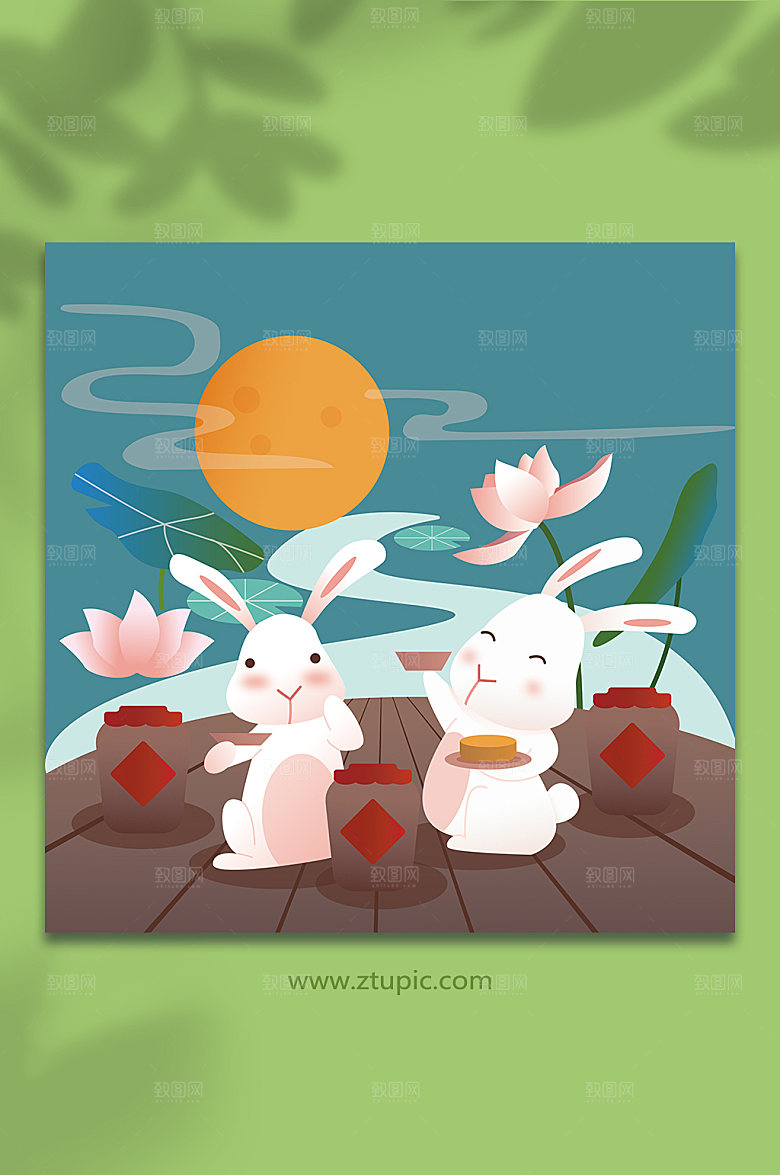卡通桂花酒玉兔AI矢量中秋节插画