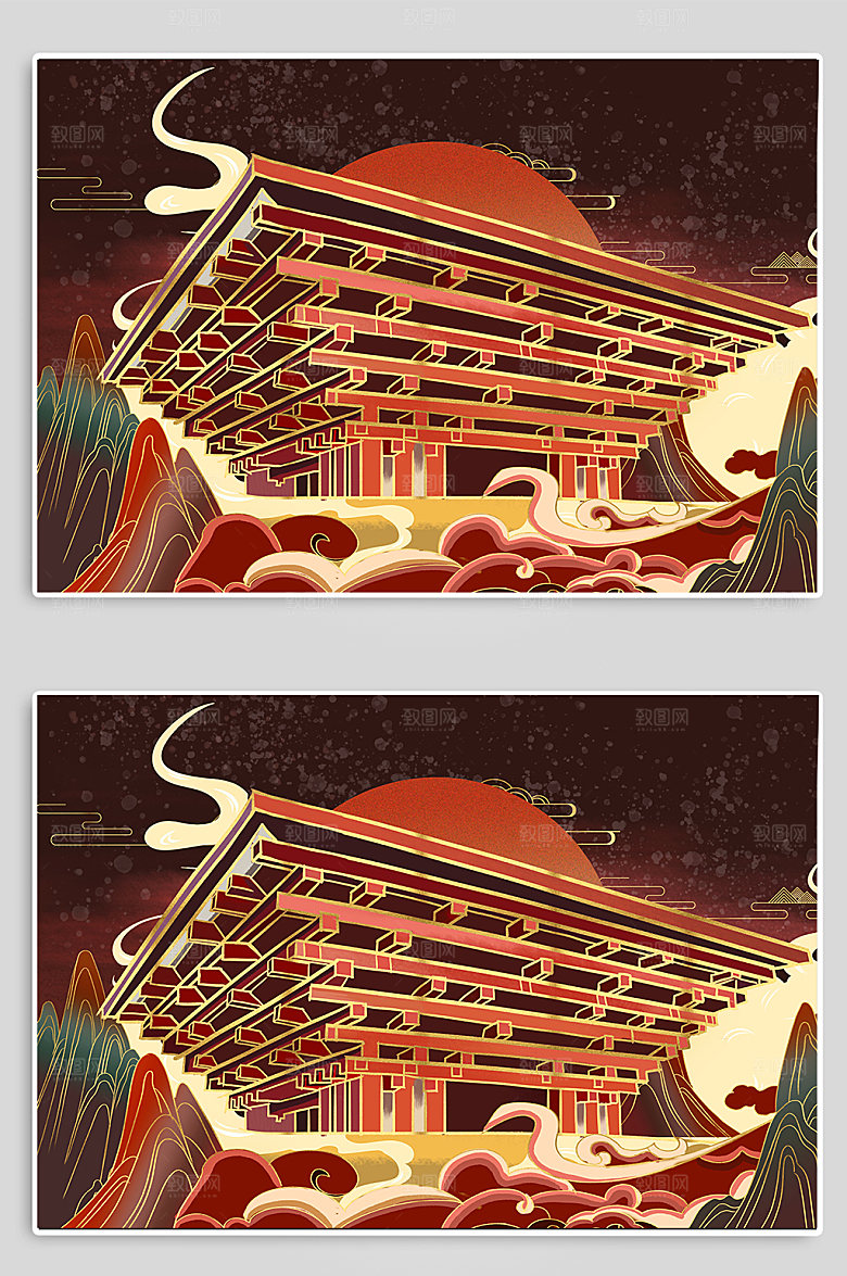 手绘上海世博园城市地标建筑插画