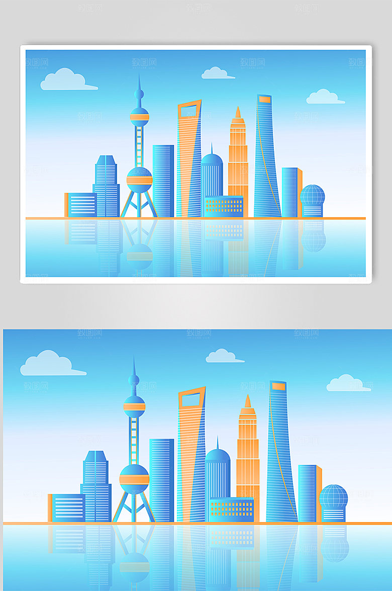 卡通简约上海城市标志建筑插画