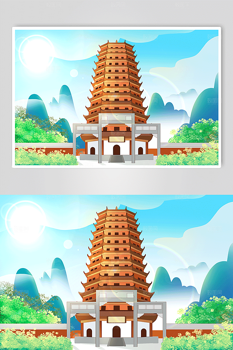手绘卡通杭州古风六和塔地标插画