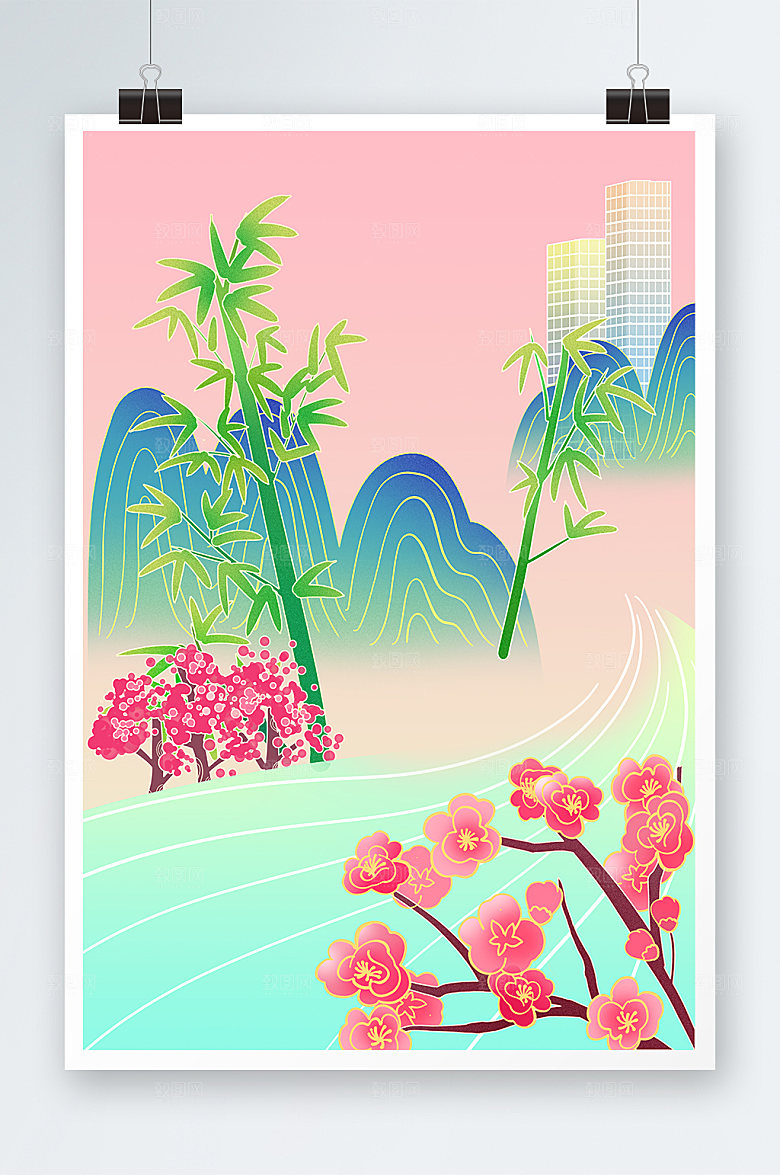 扁平卡通成都插画山水梅花背景