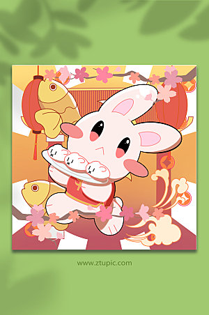 可爱兔年新年春节卡通手绘插画