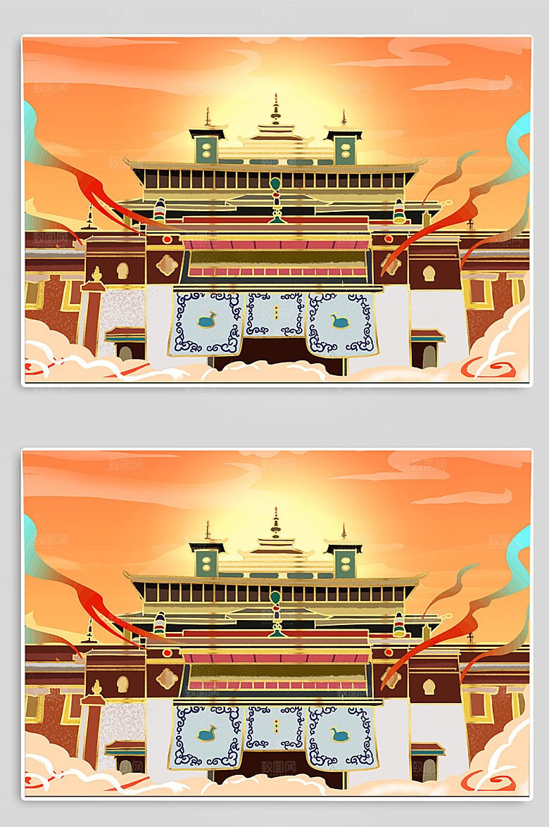 卡通手绘西藏桑耶寺乌孜大殿插画
