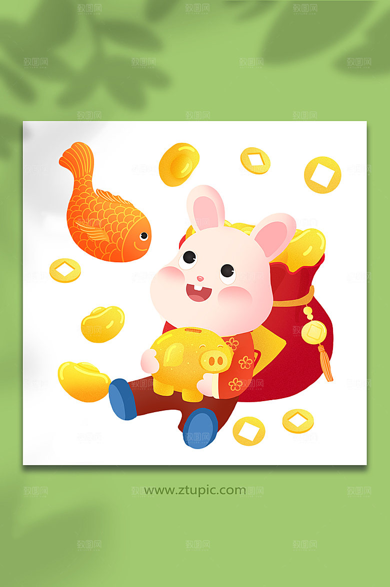 卡通手绘风财源滚滚兔年新年插画