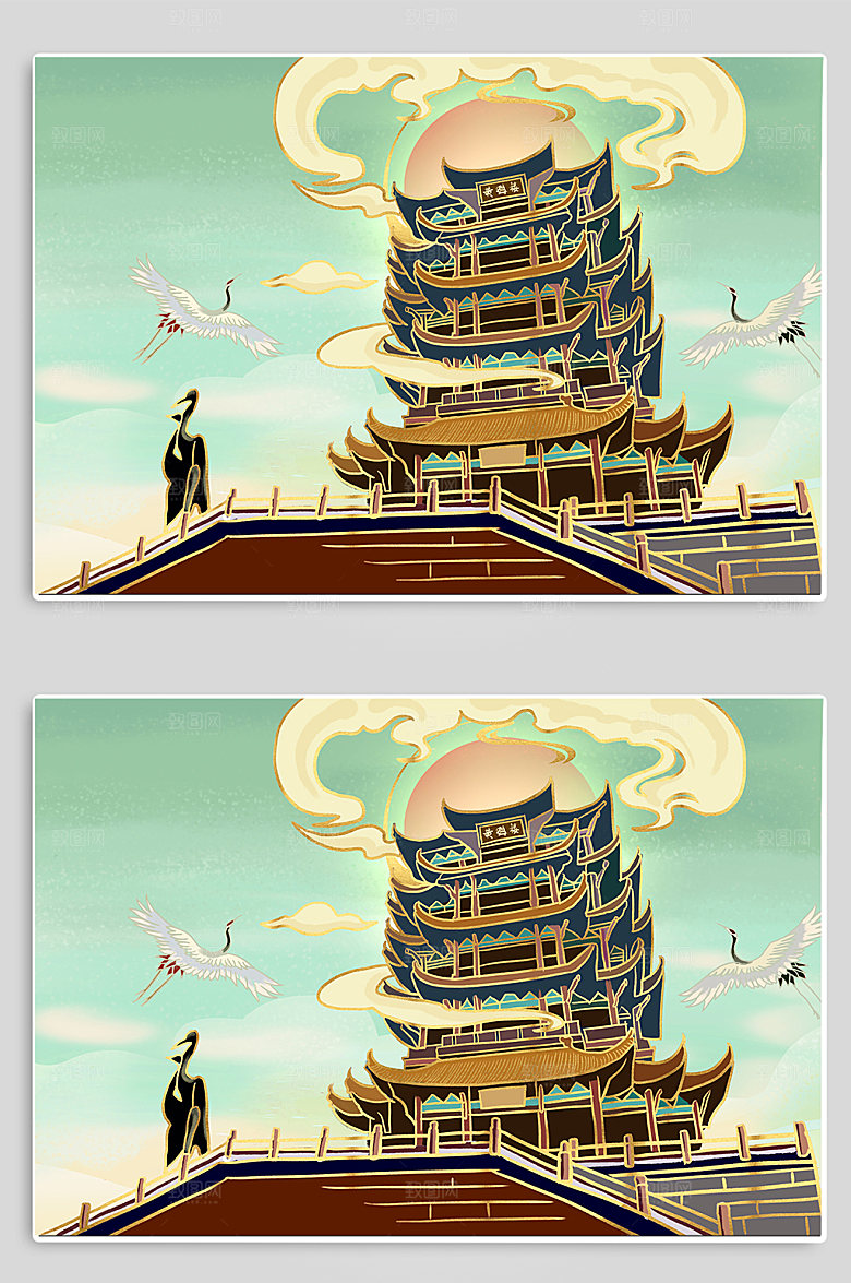 卡通武汉黄鹤楼城市插画设计