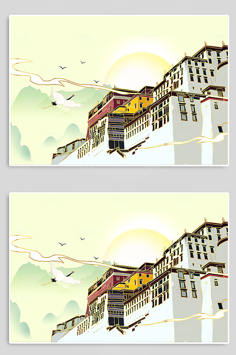 卡通西藏布达拉宫地标建筑精美插画