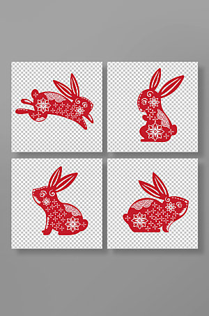 手绘中国风兔年兔子剪纸风精美插画