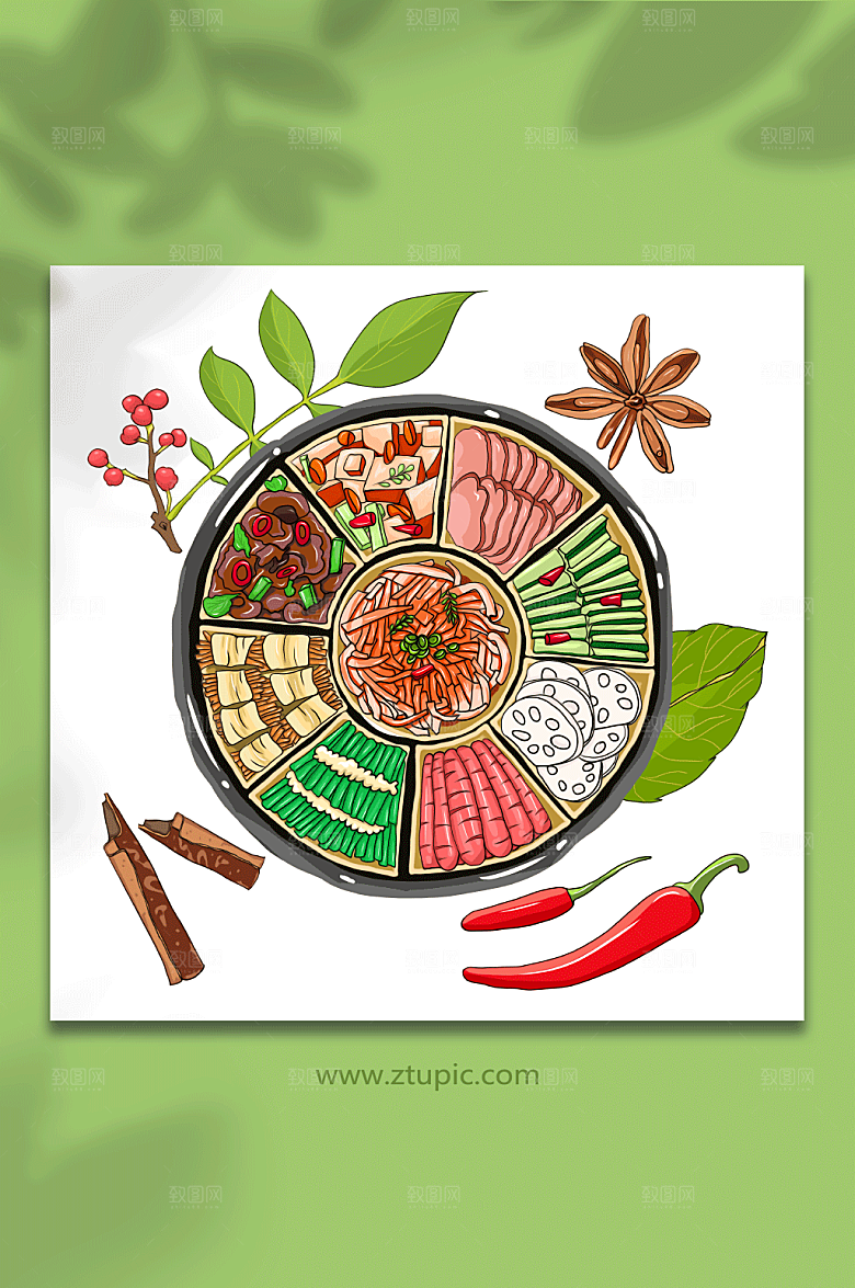 卡通手绘蔬菜肉类食物拼盘插画