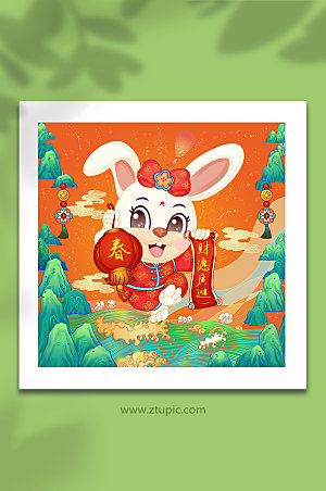 手绘新年祝福春节兔年精美插画