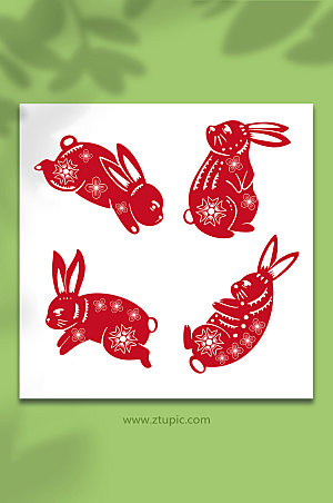 红色手绘中国风兔年兔子剪纸精美插画