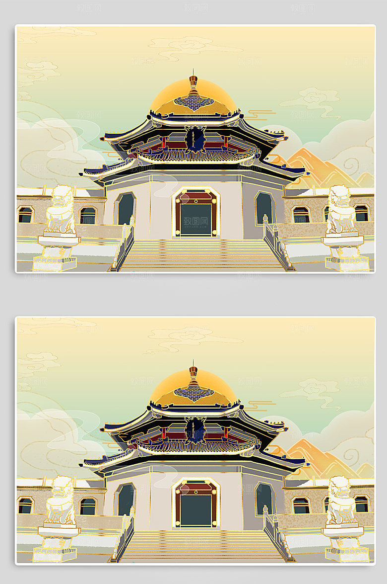 手绘成吉思汗陵地标建筑插画设计