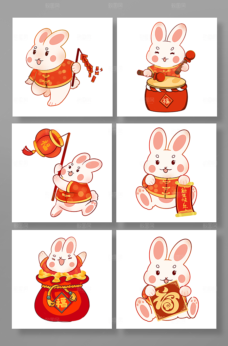 手绘2023新年春节兔年插画设计