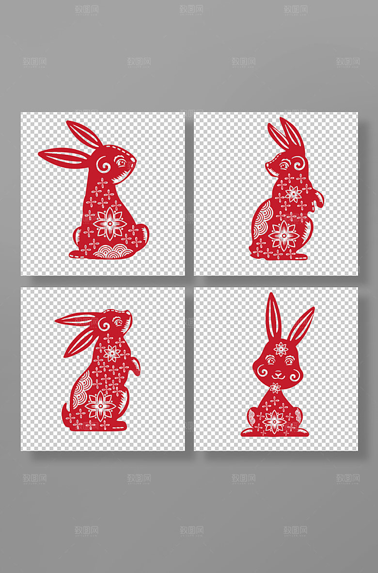 手绘中国风兔年兔子剪纸插画设计